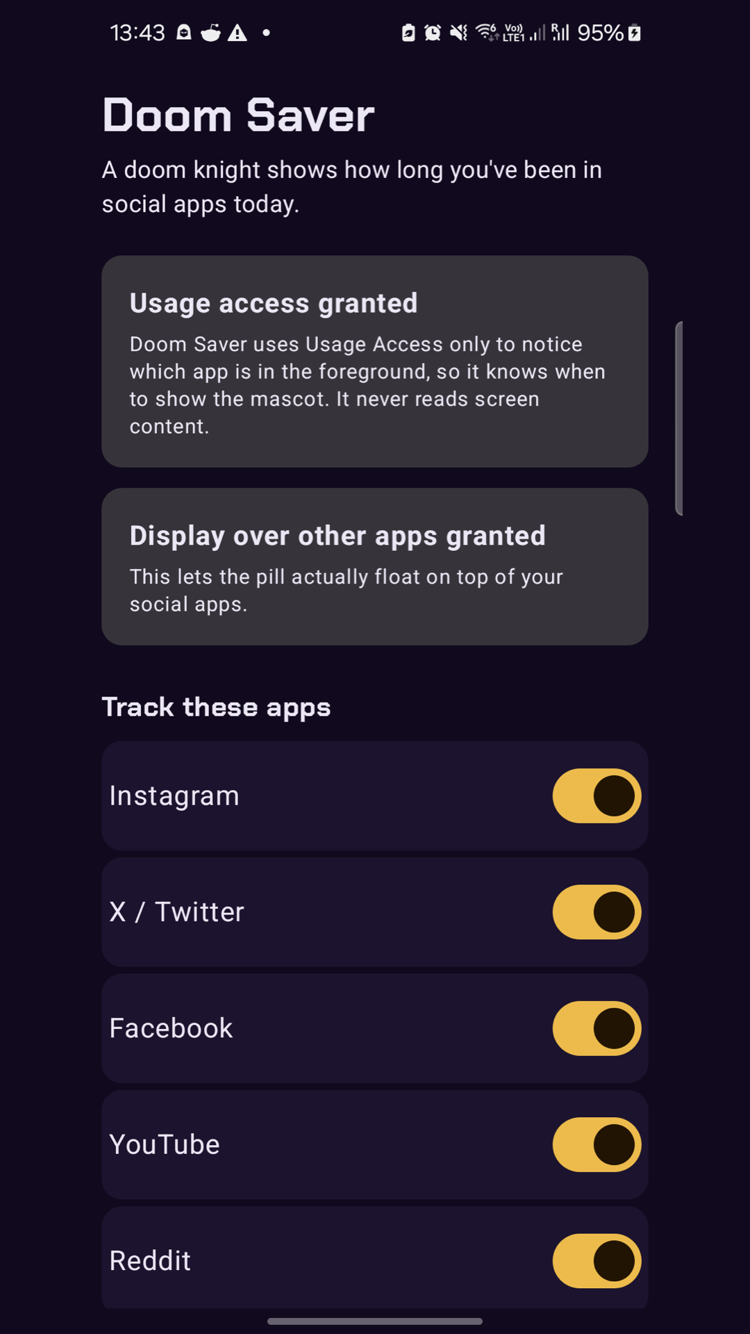 The Doom Saver home screen, with tracked apps listed and toggled on.